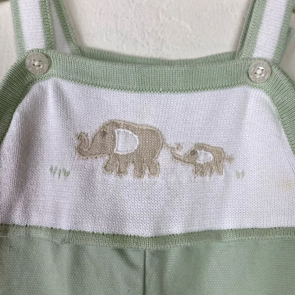 Janie & Jack Green & White Elephant Embroidered Overall One Piece 3-6M